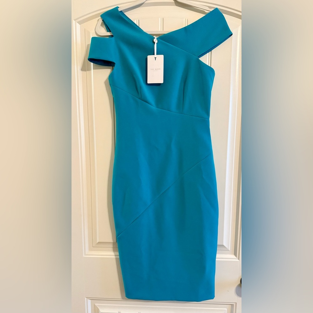 Ted Baker London Yandal Turquoise Asymmetrical Body Con Dress NWT’s Size 4 - Picture 2 of 5